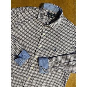 Polo Ralph Lauren 100% Cotton Stretch Flip Cuff Purple Gingham Check Shirt Men L